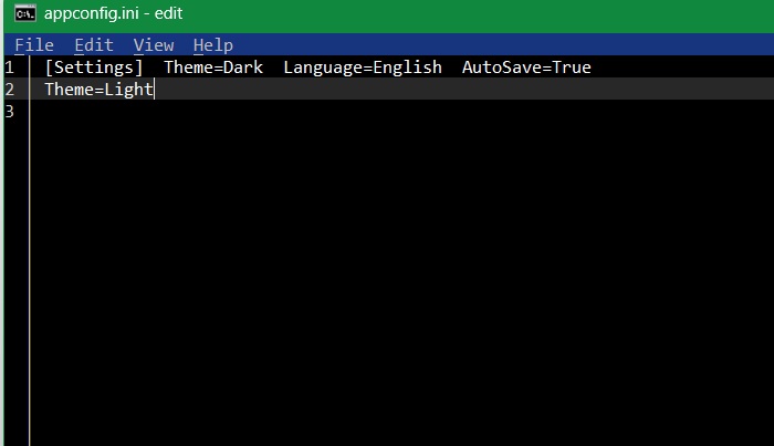 Changing the overall theme of an INI configuration file in Edit, from "'dark" to "light."