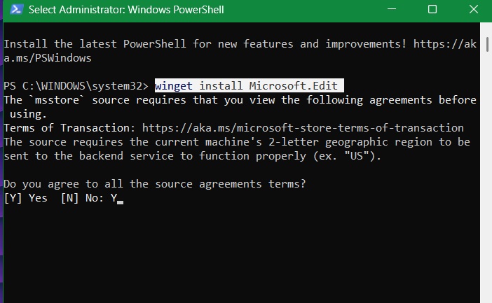 Winget installation command for Microsoft Edit software.