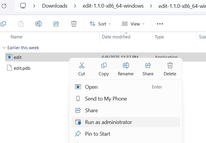 Running the Edit application in extracted folder in administrator mode.