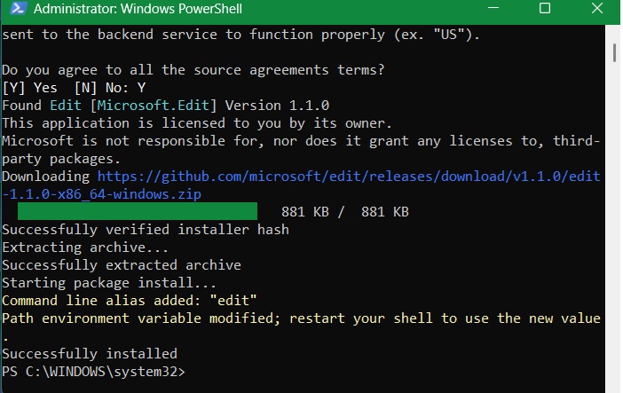 Successful installation of the Edit application through Winget, with command-line alias added.
