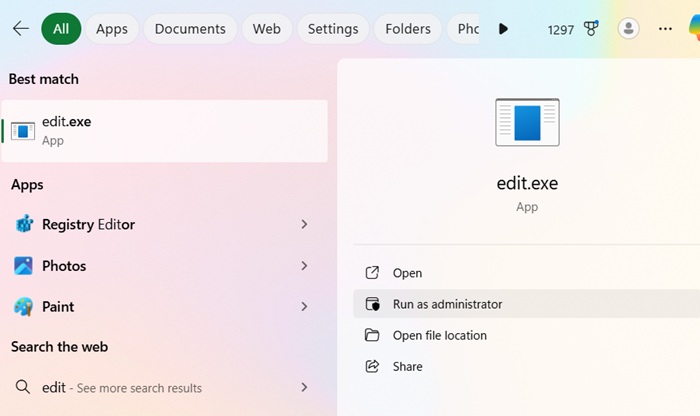 Edit folder in search menu, opened in administrator mode.