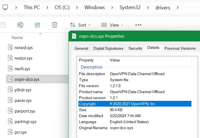 Locating and opening OpenVPN's DCO driver under System32.