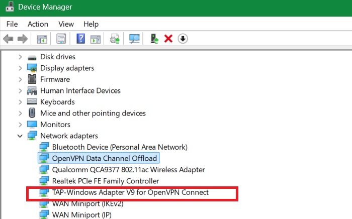 Locating OpenVPN's DCO and TAP drivers under Network Adapters.