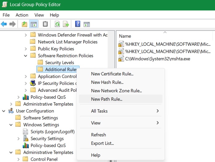 Selecting "New Path Rule" in Local Group Policy.