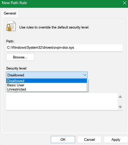 OpenVPN drivers disallowed as per the New Path Rule in Group Policy.