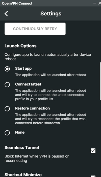 OpenVPN client is scheduled to launch with PC startup and block Internet when paused or reconnecting.