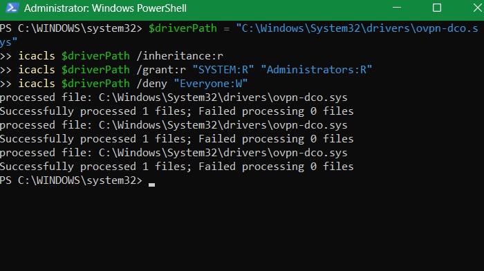 OpenVPN DCO driver being prevented from changing permissions automatically.