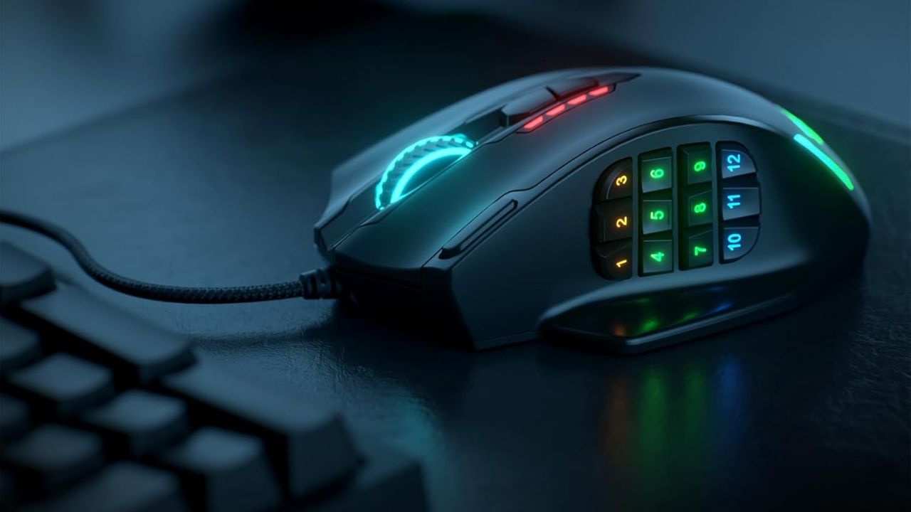 Gaming Mouse With Lights on Desk in Dark Room for Gaming