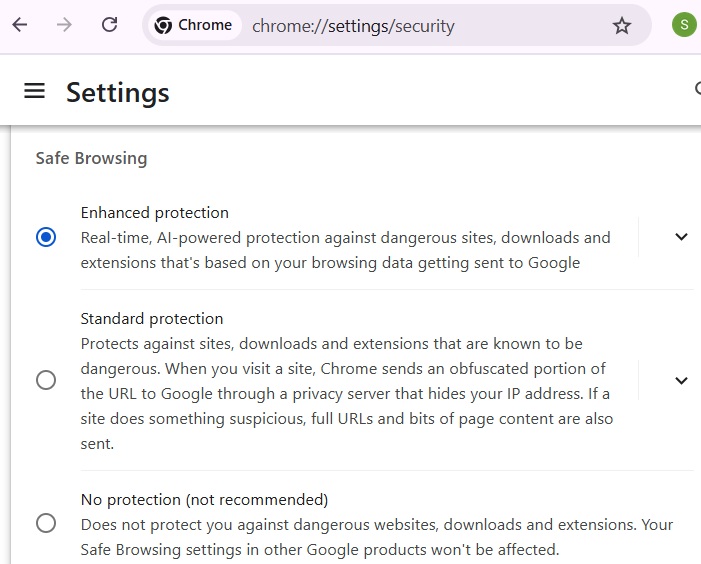 Enabling Chrome's "Enhanced protection" mode for best protection against dangerous sites.