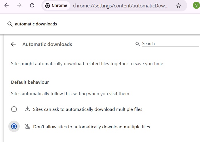 No automatic downloads setting in Google Chrome browser.