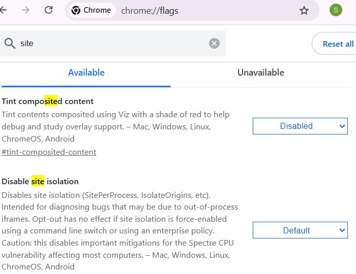Strict site isolation enabled in Google Chrome Flags as "Default."