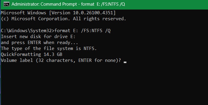 Using the direct Format command for a USB drive in Command Prompt.