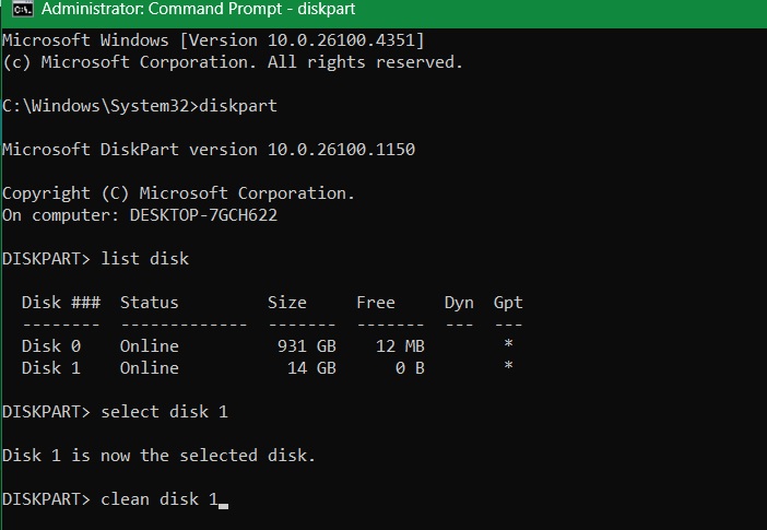 Using the diskpart and clean commands to format a USB drive.