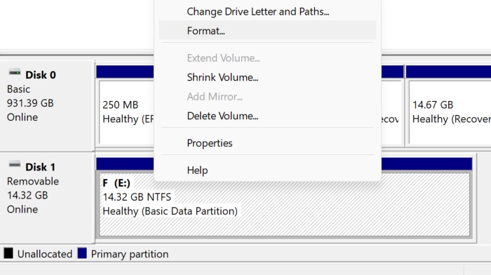 Right-click on a USB drive space in Disk Management to "Format" it.