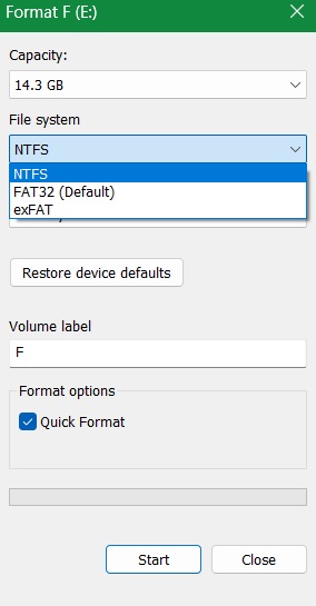 Choose "NTFS" or "FAT32" from among the Format options of a USB drive.
