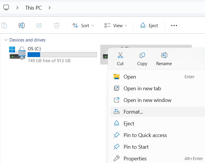 Right-click on a USB driver to format it in File Explorer.