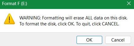 "Warning" message while formatting a USB drive through the File Explorer.