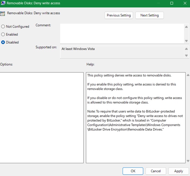 Click "Disabled" to ensure "Deny Write Access" for a USB drive in Group Policy.