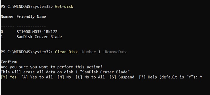 Clear command in PowerShell to format a USB disk, and confirm it with Y.