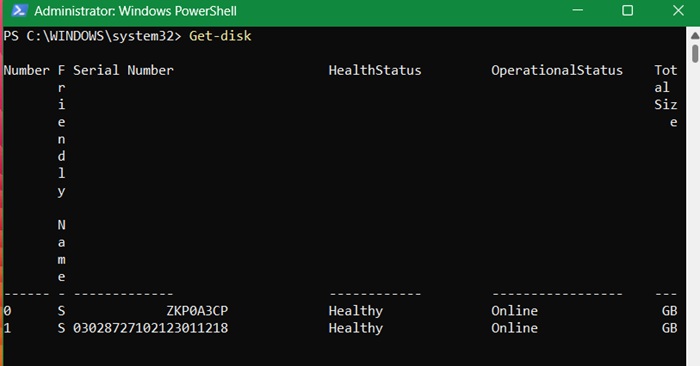 Get-disk command in PowerShell lists all the disks including USB drive as "1".