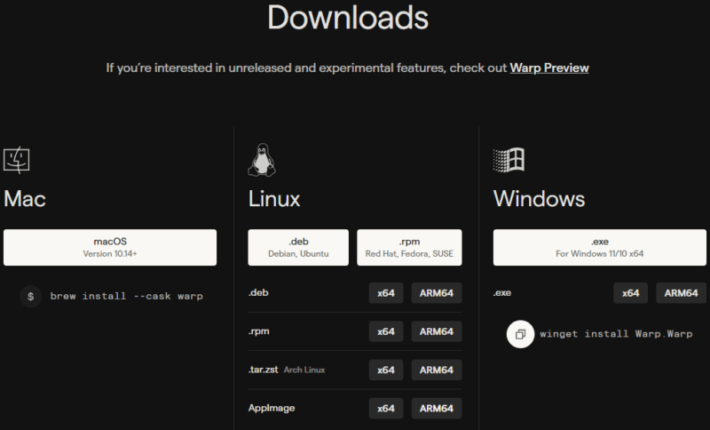 Warp Download Page