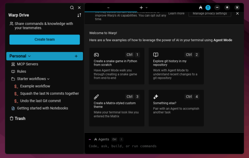 Warp Terminal Main Interface