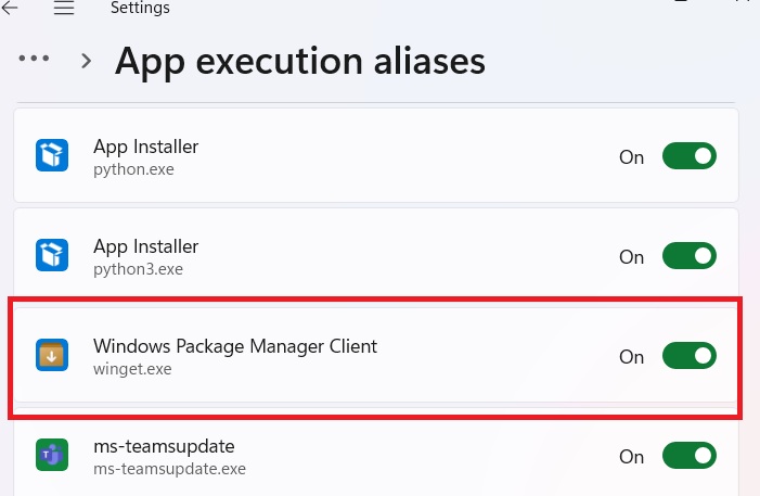 Windows Package Manager client toggled off in App Execution Aliases.