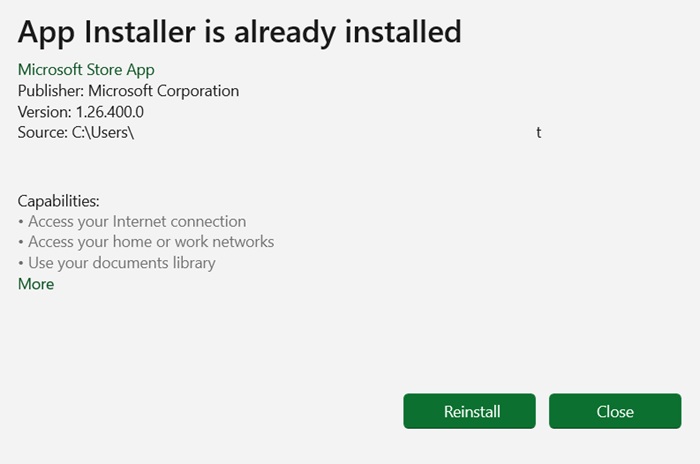 App installer is already installed in Windows. Option to reinstall.
