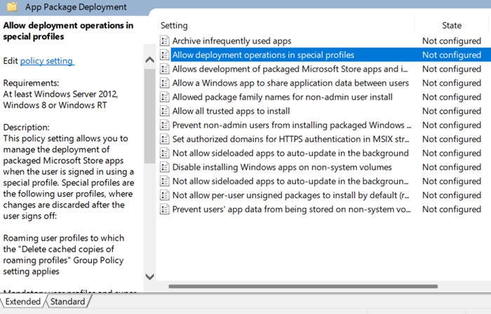 App Package Deployment policy visible on Local Group Policy Editor.