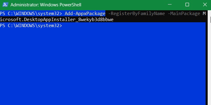 Repair WinGet by locating the installed package by its family name, "RegisterByFamulyName".