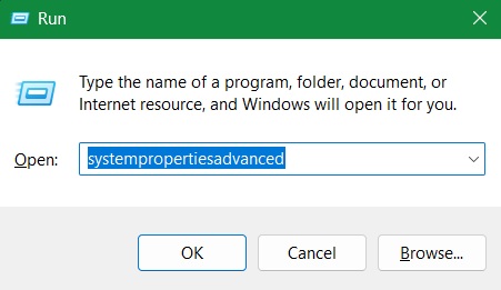 Clicking "System Properties Advanced" in Run command.
