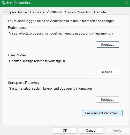 Clicking "Environment Variables" in the "Advanced" tab of System Properties.