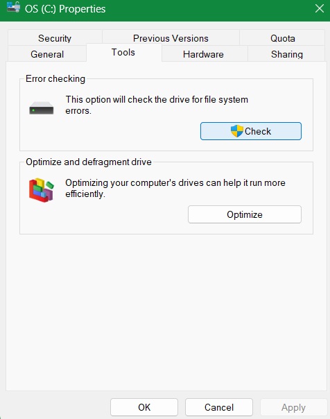 Click "Check" under "Error checking" for a drive letter's Properties -> Tools.