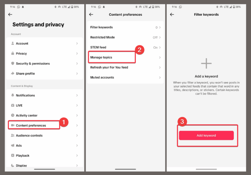 Add Keywords Tiktok Settings