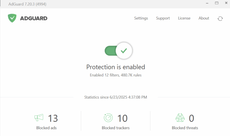 Adguard Desktop main interface with enabled toggle