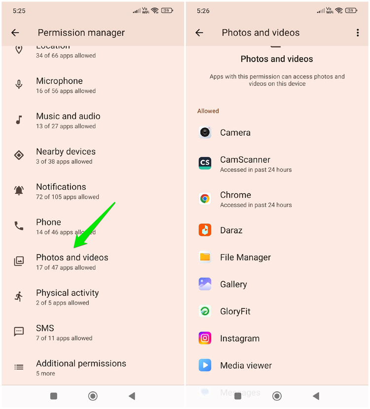 List of app permissions on Android with app with media permissions