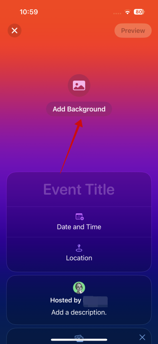 Tapping on "Add Background" option in Invites app on iPhone. 