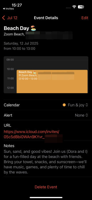 Event details view in Calendar app on iPhone. 