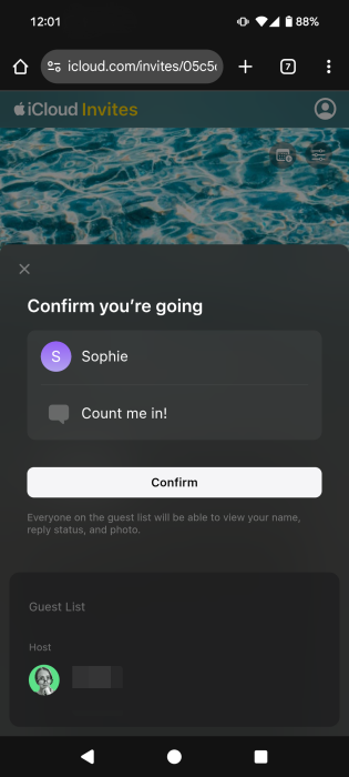 RSVP-ing with note to event created with Invites app on iPhone. 