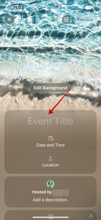 Tapping on "Event Title" for new invite in Invites app on iPhone. 