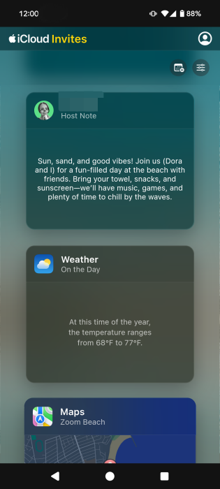 Event overview made with Apple Invites app on guest device.