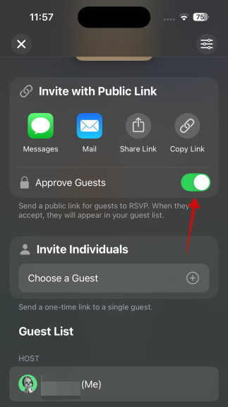 Sharing options for new event invite in Invites app on iPhone. 
