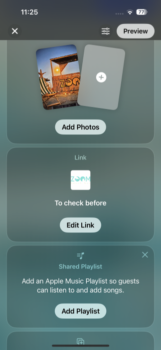 Creating Shared Album for event and adding links/music via Invites app on iPhone. 