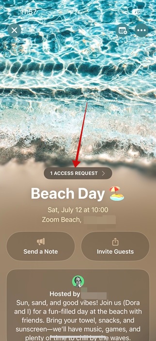 Tapping on "Access request" on host device in Invites app on iPhone. 