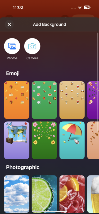 Browsing through background options for invite in Invites app on iPhone. 