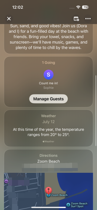 Viewing guest on event page in Invites app on iPhone. 
