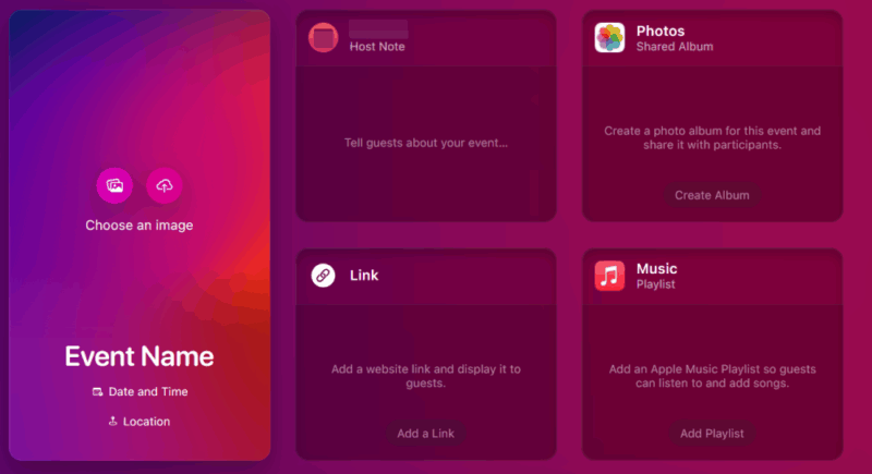 Creating new event invite in Apple Invites web version. 