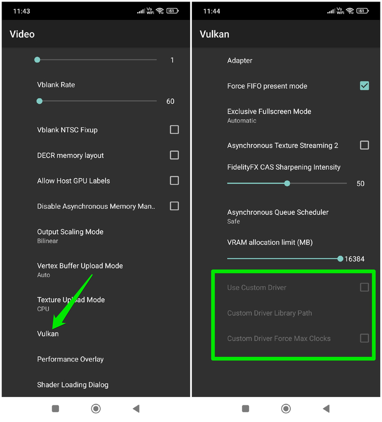 aPS3e Vulcan settings with custom drivers