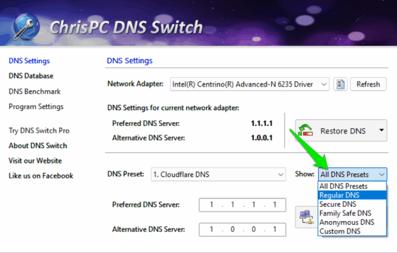 ChrisPC DNS Switch main interface