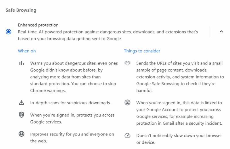 Chrome Enhanced Protection Mode in enabled state